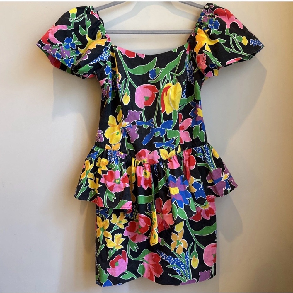 VTG 80s 90s First Focus Floral Multi Black Tiered Bow Puff Sleeve Dress Sz 7/8